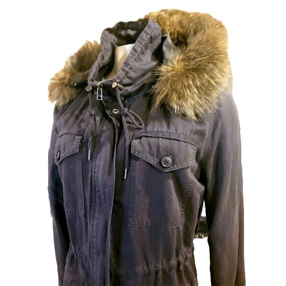 LOFT Cargo Utility Charcoal Grey Zip up & snap Removable Fur Trim Hood Petite Lg - Picture 1 of 10